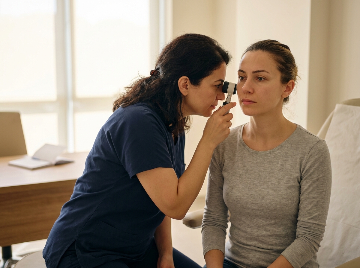 Dermatolog kadın hekim hastasının yanak cildini sakin biçimde değerlendiriyor — yetişkin aknesi için profesyonel değerlendirme