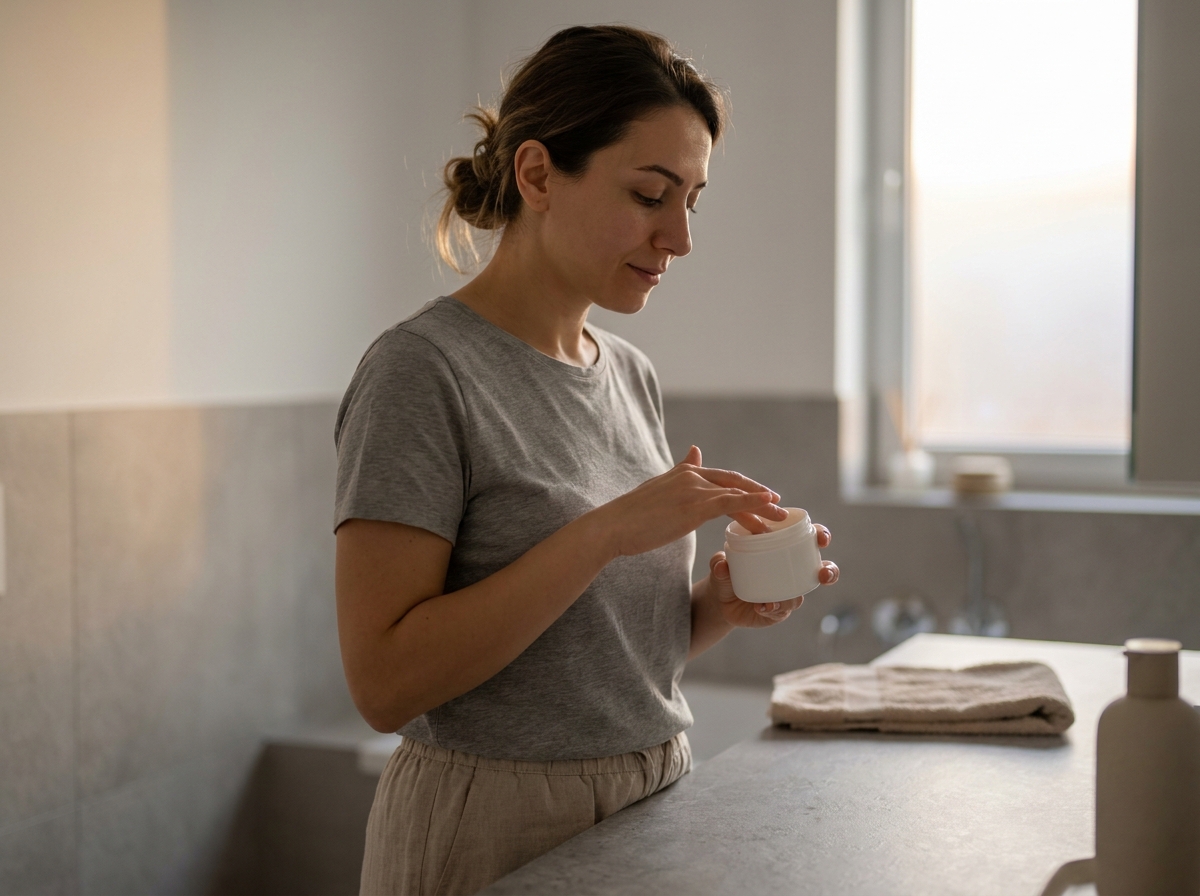 Yetişkin kadın akşam cilt bakım rutininde nemlendirici kremi parmak uçlarına alıyor — non-comedogenic ürünler retinoid tedavisini tamamlar