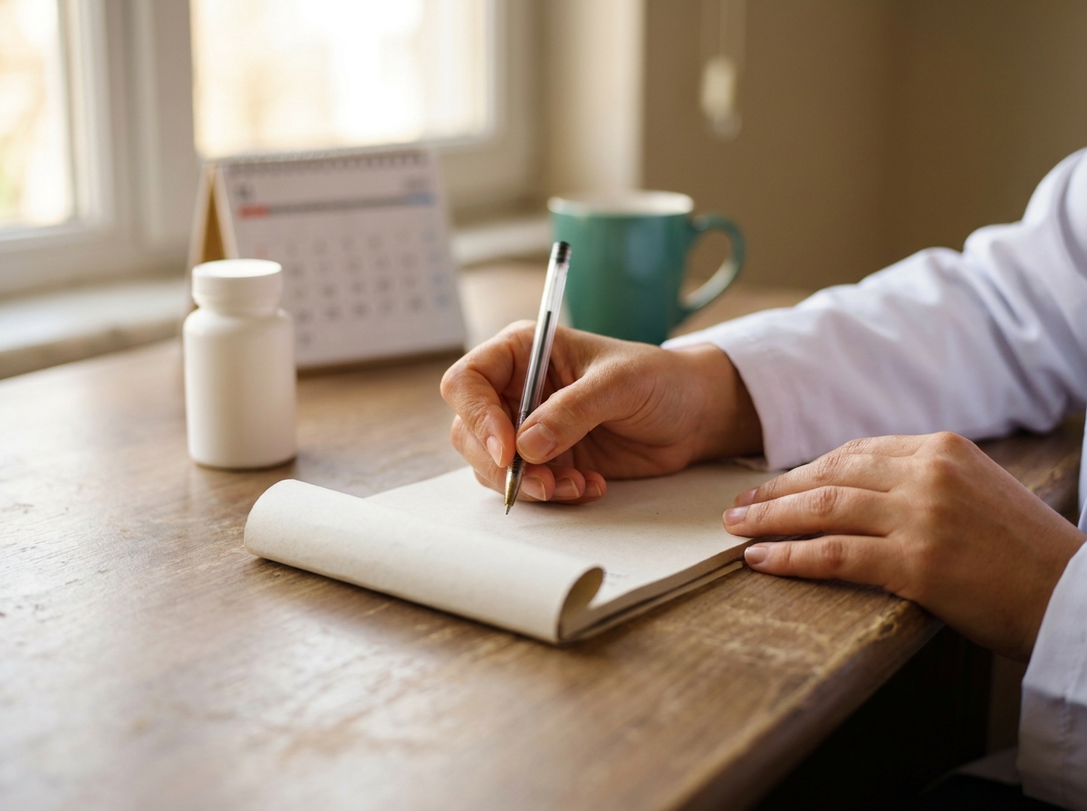 Hekimin elinde tapering plan kağıdı ve kalem, masada ilaç kutusu ve takvim