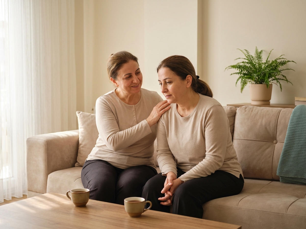 İki yetişkin oturma odasında sıcak bir konuşma içinde, bir kişi diğerini destekliyor