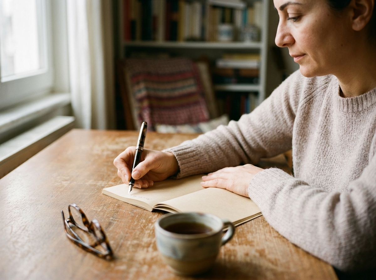 Yetişkin evde masa başında günlük belirti ve ruh hali notlarını yazıyor