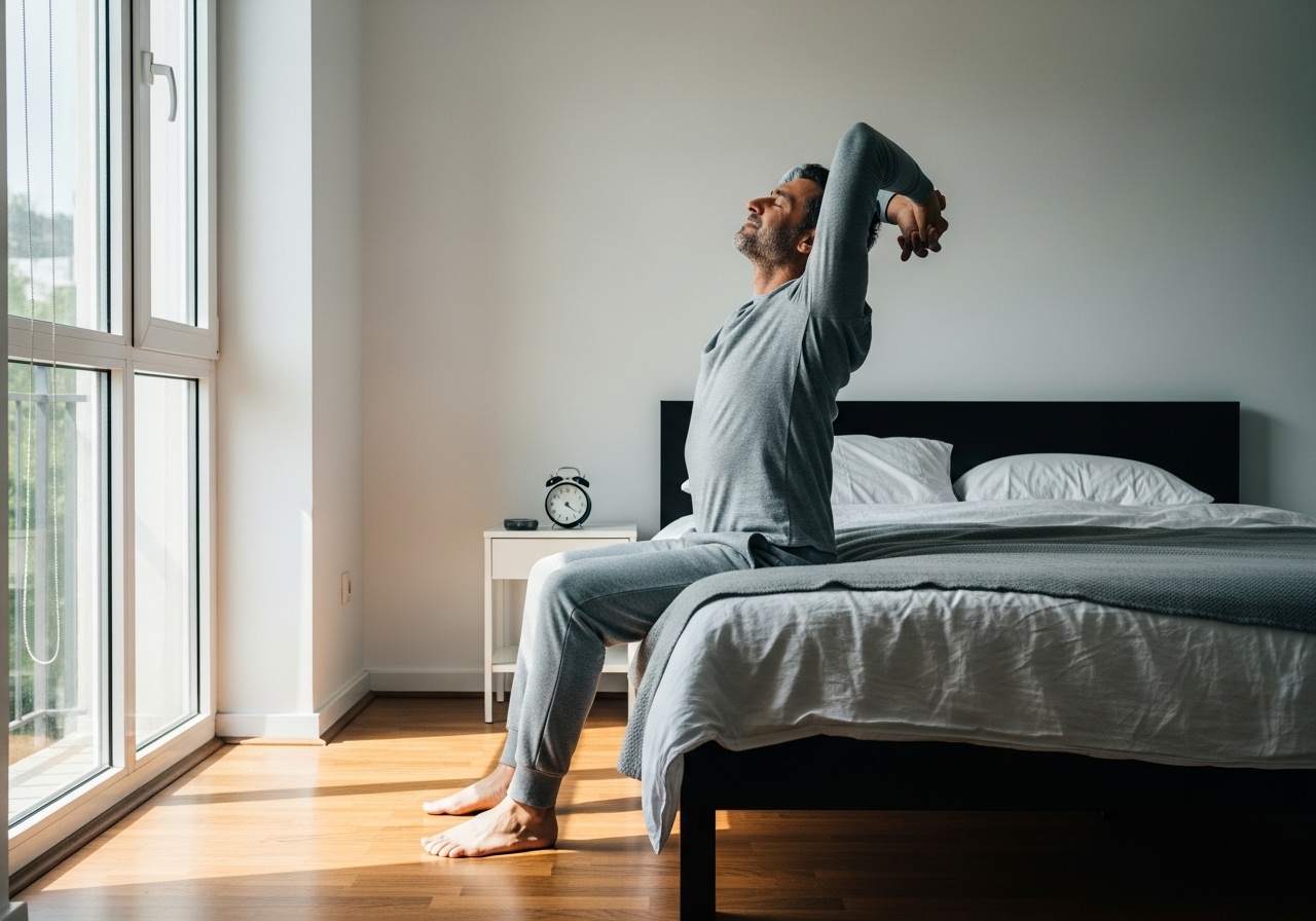 Sabah güneşiyle yatakta oturan yetişkin — sabit kalkış saati BDT-U'nun temel kuralı