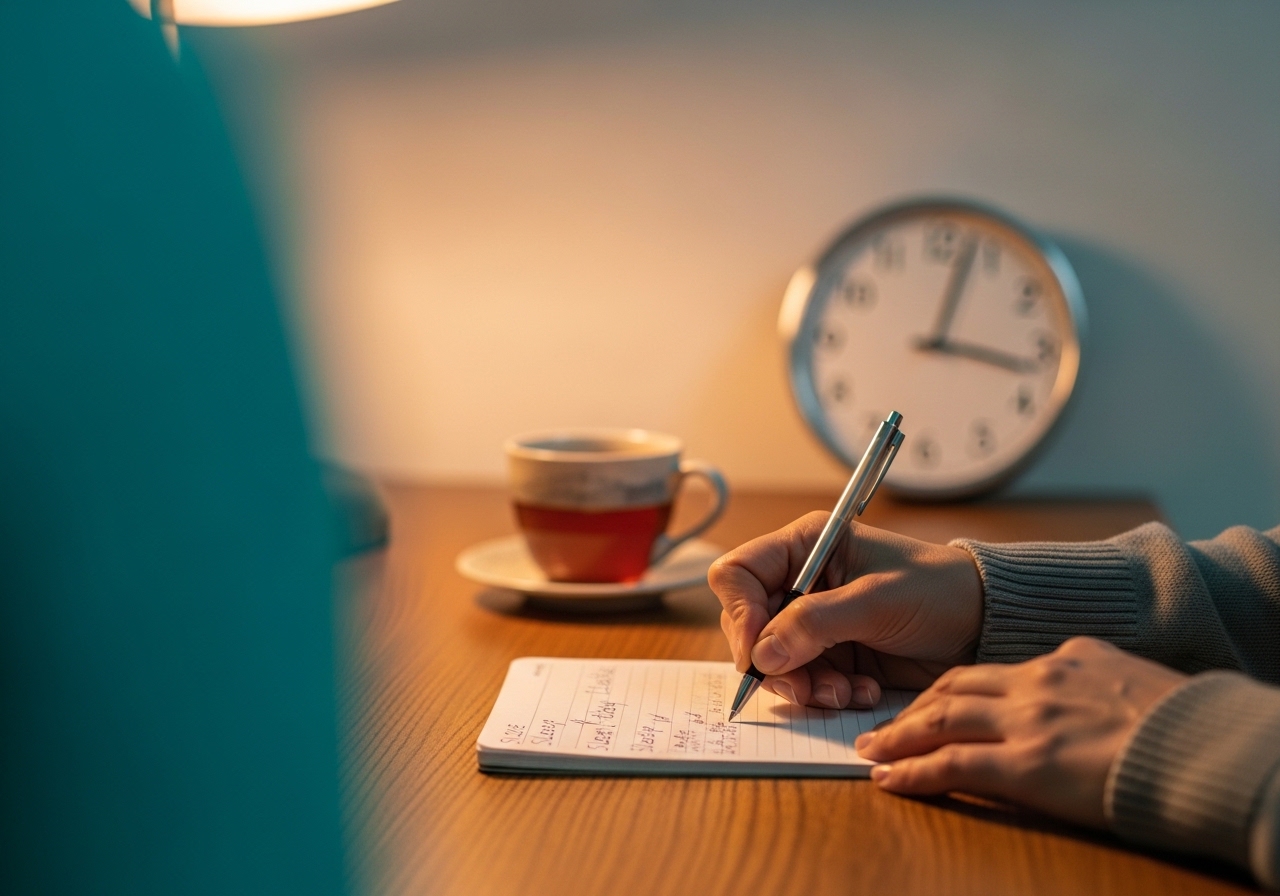 Masa üstünde el yazısıyla doldurulan uyku günlüğü sayfası ve yanında kalem, bardakta su