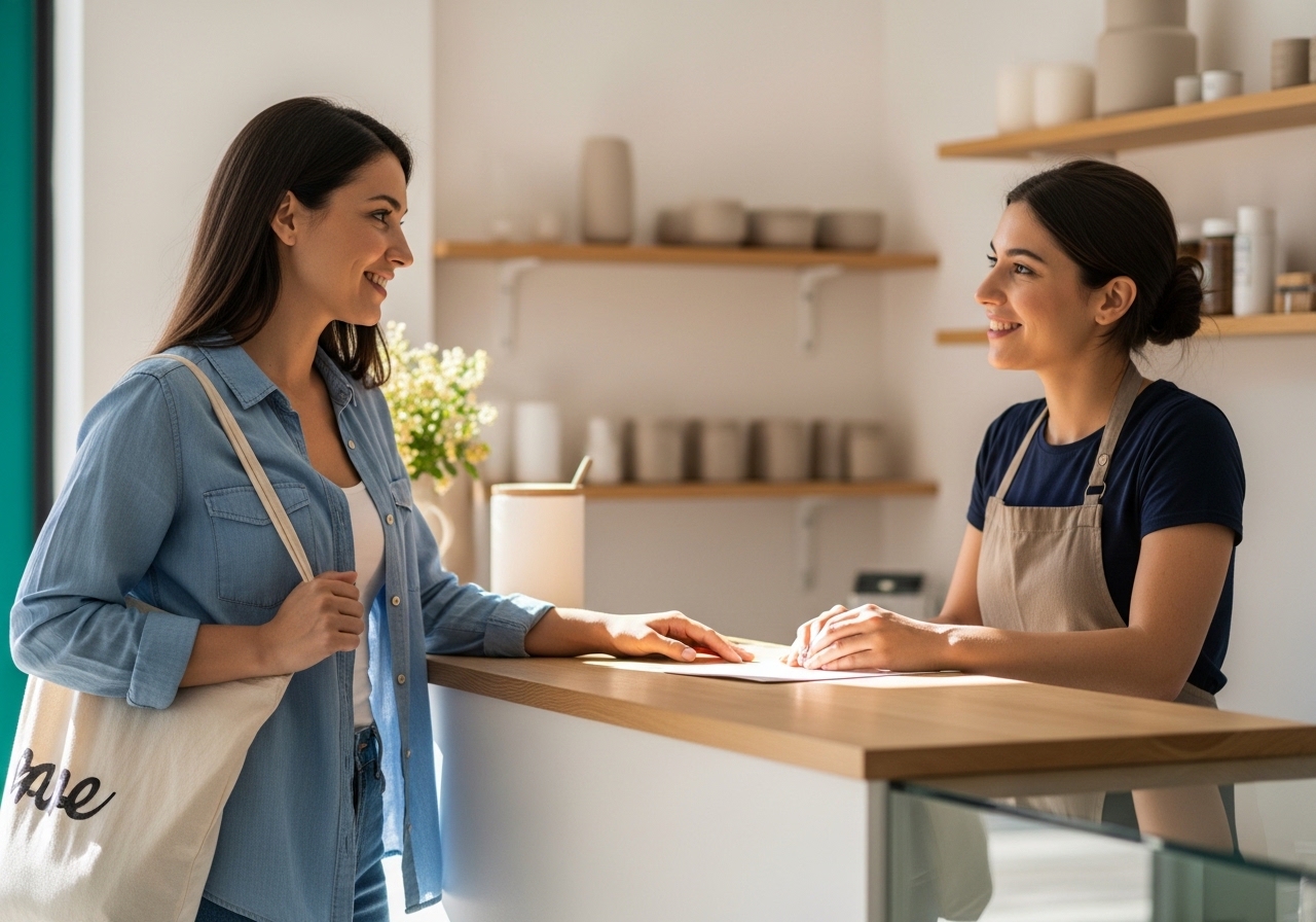 Bir yetişkin kalabalık olmayan bir mağaza tezgahında görevliyle nazikçe konuşuyor — kademeli maruz bırakma egzersizi