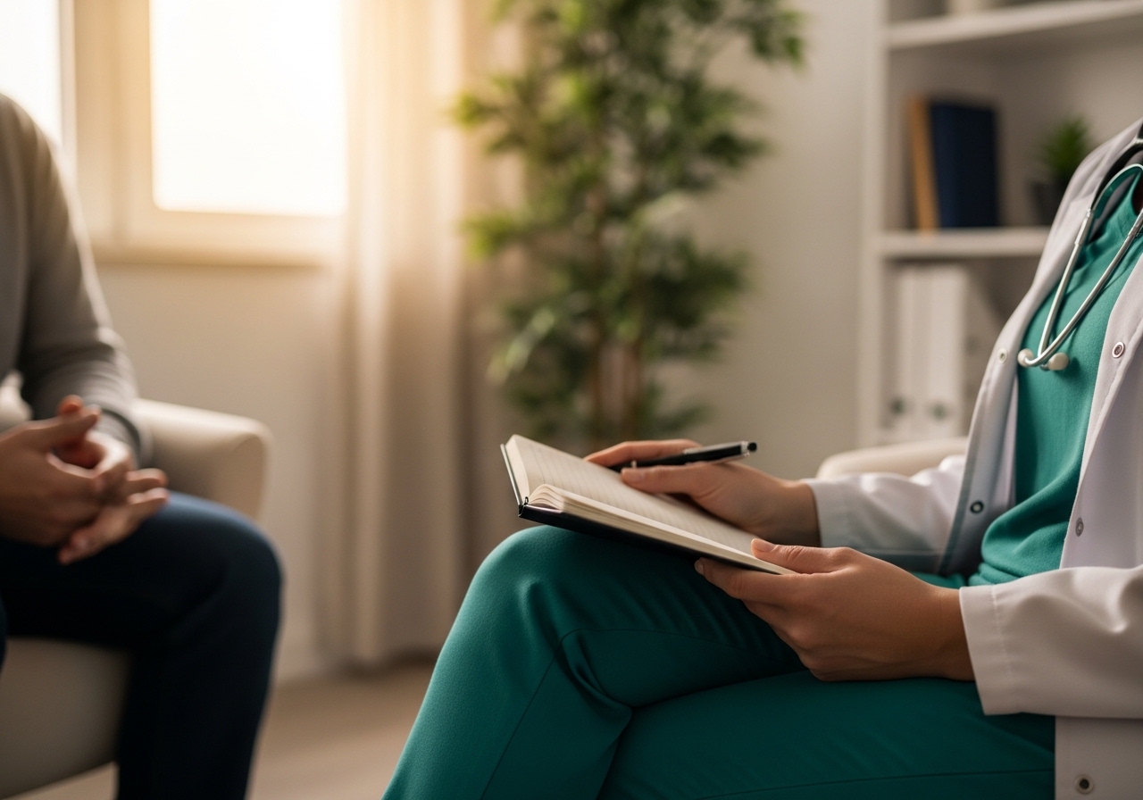 Klinisyenin elinde tuttuğu küçük not defteriyle danışan ile arasındaki sıcak iletişim anı