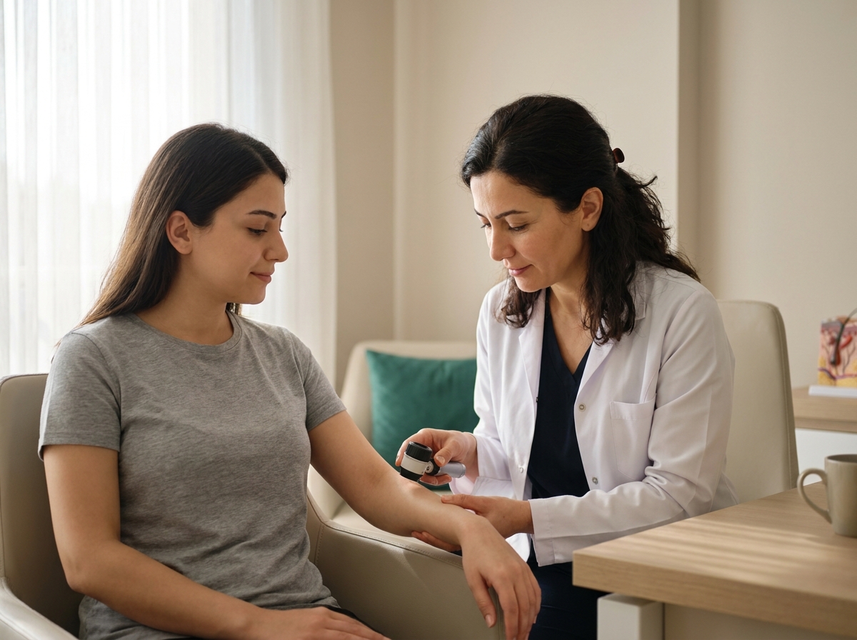 Dermatolog kadın hekim, hastanın kolundaki beni dermatoskop benzeri bir el aletiyle inceliyor