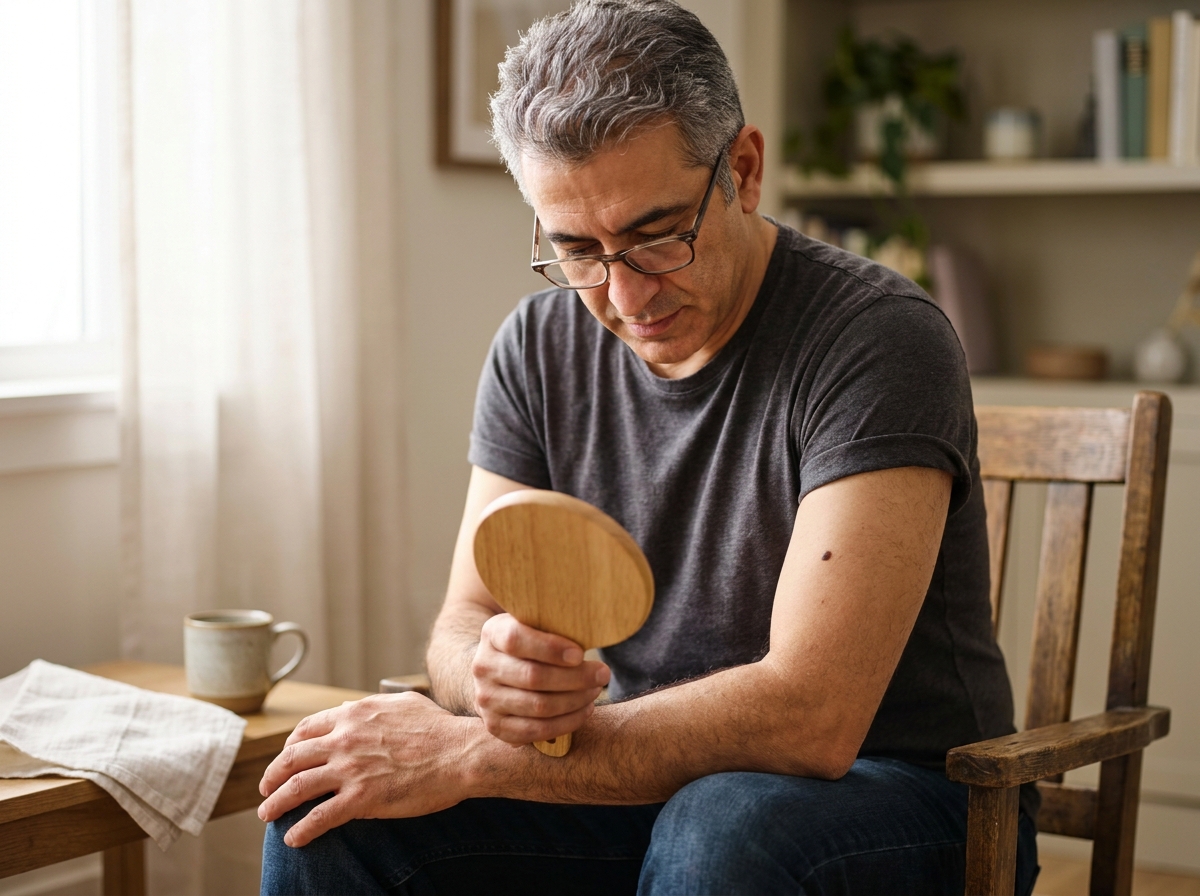 Yetişkin oturma odasında elindeki cep aynasıyla kolundaki beni inceliyor, doğal ışık