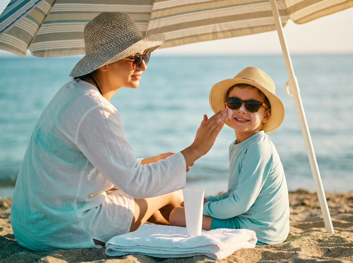 Anne ve çocuk plajda geniş kenarlı şapka ve uzun kollu kıyafetle gölgede oturuyor, krem sürerken