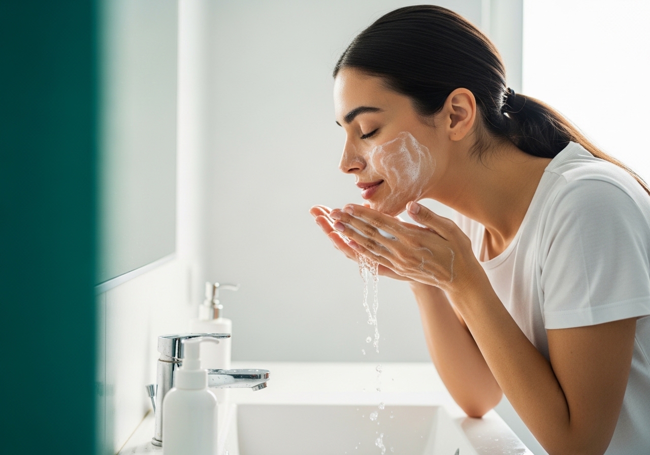 Aknede cilt temizliği: genç kadın yüzünü yumuşak temizleyici ile yıkıyor