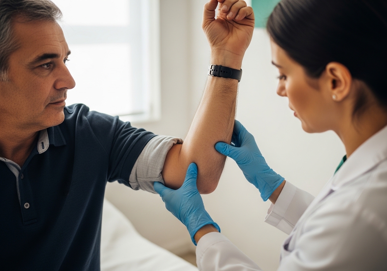 Dermatolog hastanın dirseğini inceliyor — psoriazis plak değerlendirmesi