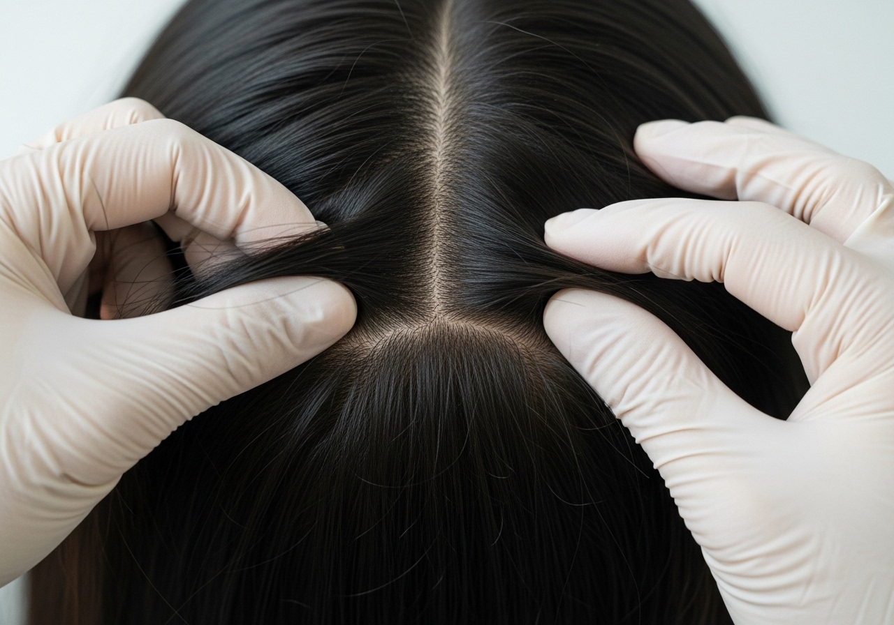 Saçlı deri muayenesi: dermatolog hastanın saç ayrım çizgisini inceliyor