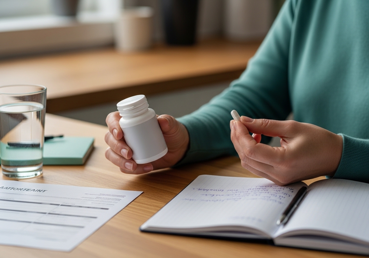 Yetişkinin elinde takviye kutusu ve bir bardak su: takviye kararı sahnesi