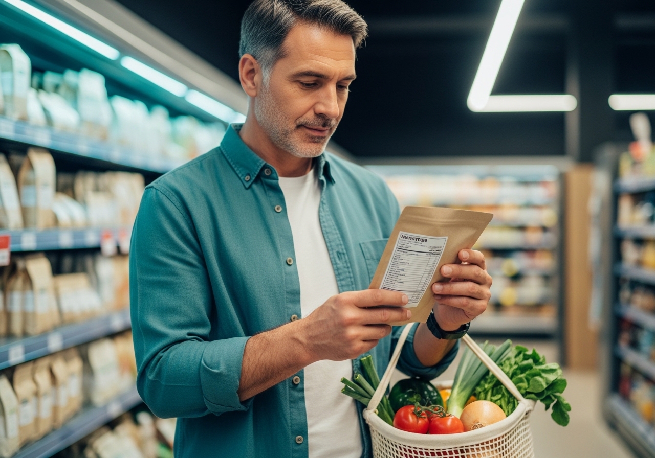 Bir yetişkin markette bir paketli gıdanın arka etiketini dikkatle inceliyor