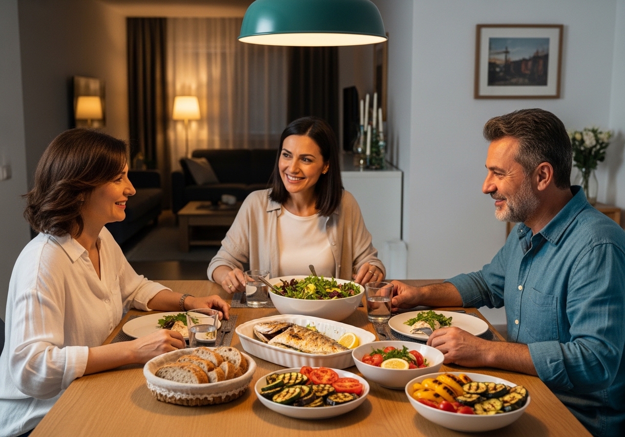 Üç kişilik aile evde Akdeniz tarzı akşam yemeği için sofrada oturmuş, sebze ve balık yiyor