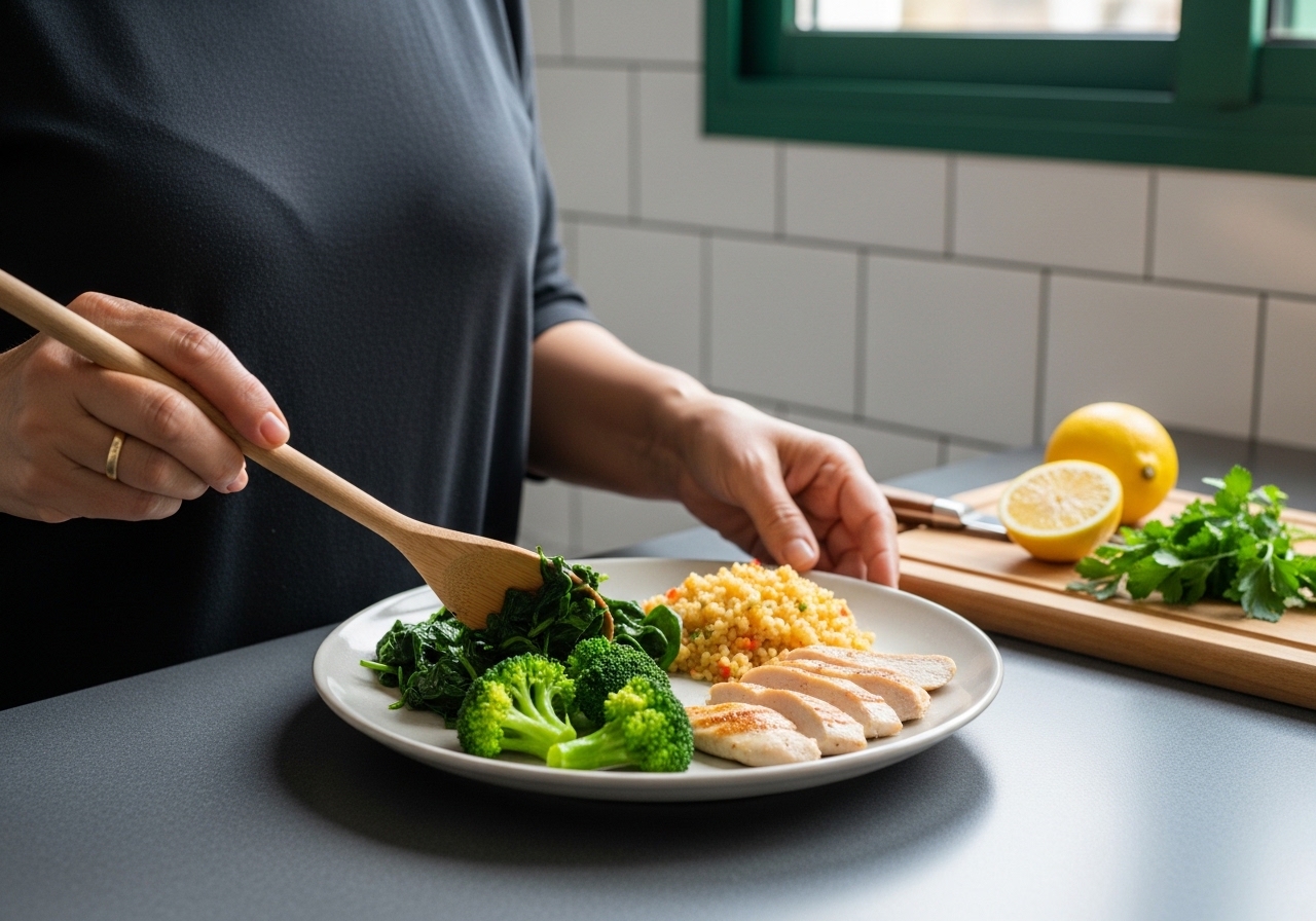 Orta yaşlı bir yetişkin mutfakta sebzelerle dolu bir tabak hazırlıyor, yakın çekim