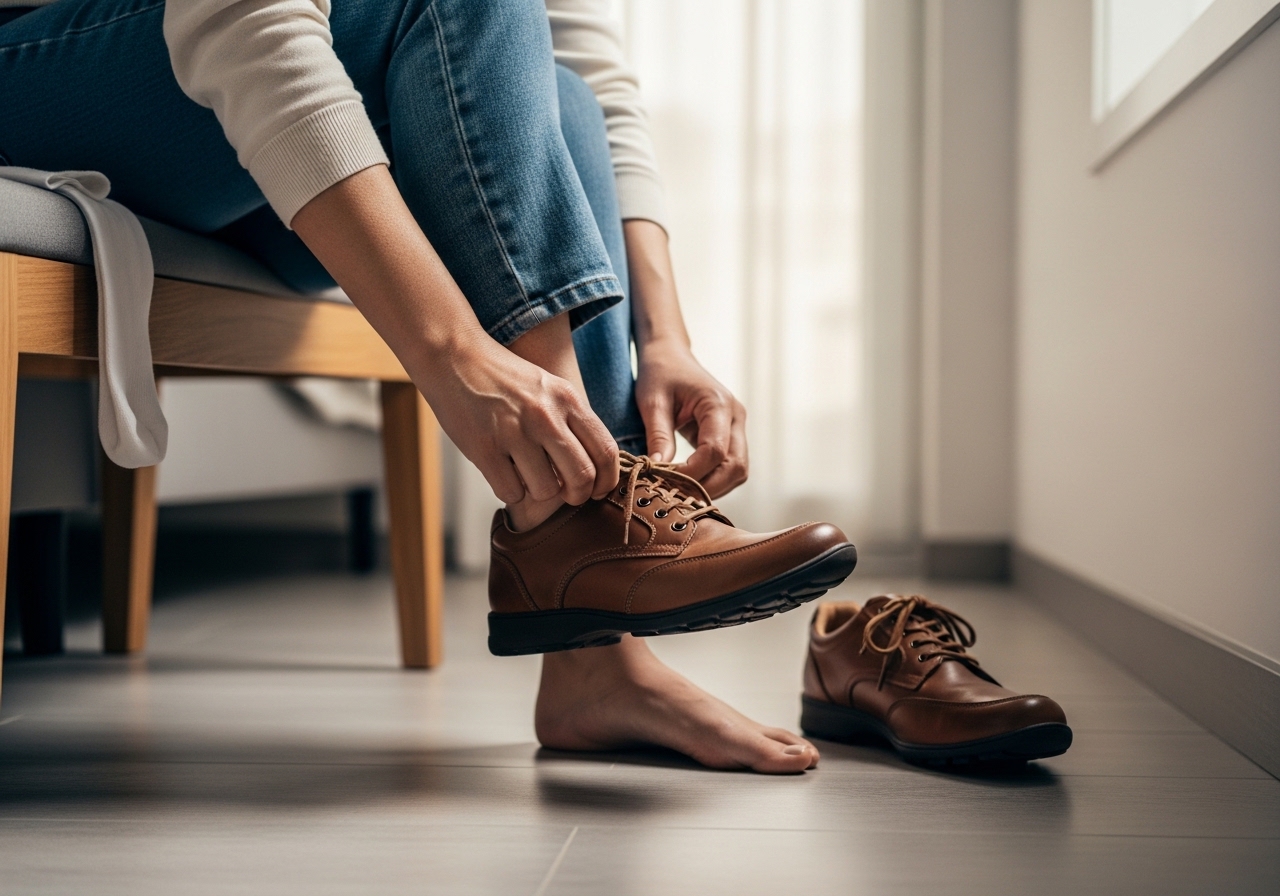 Yetişkin alçak banket üzerinde otururken geniş burunlu yürüyüş ayakkabısını giyiyor, yakın çekim