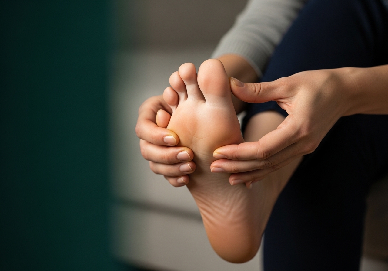 Bir yetişkin parmak araları dahil ayağını dikkatle inceliyor, yakın çekim