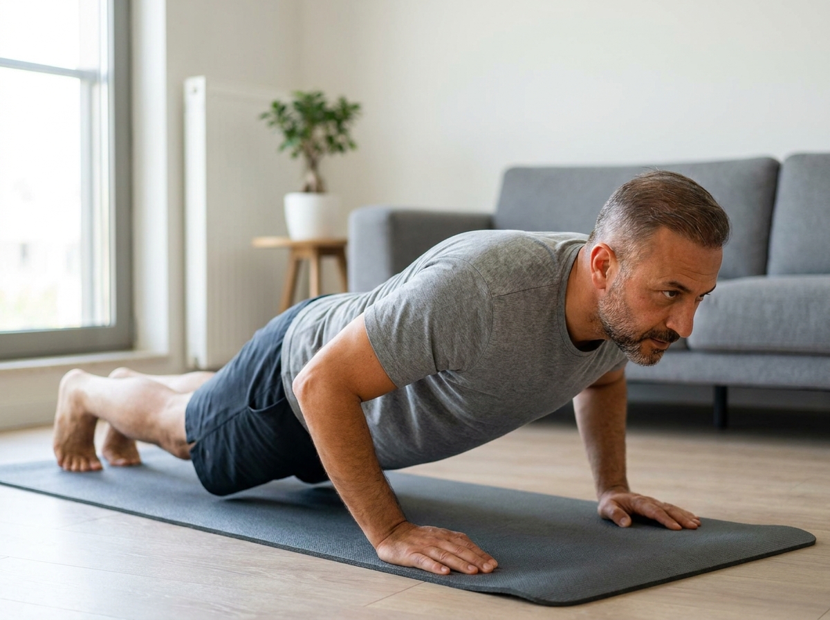 Yoga matı üzerinde diz destekli şınav (modifiye push-up) yapan yetişkin, ev oturma odası sahnesi