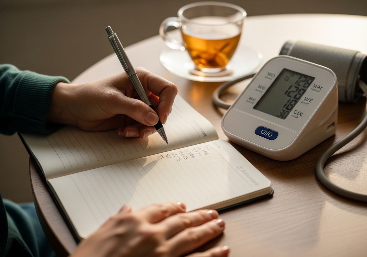 Bir yetişkin, tansiyon cihazının ekranındaki değerleri eliyle kalemle defterine kaydediyor; cihaz ve not defteri masa üstünde
