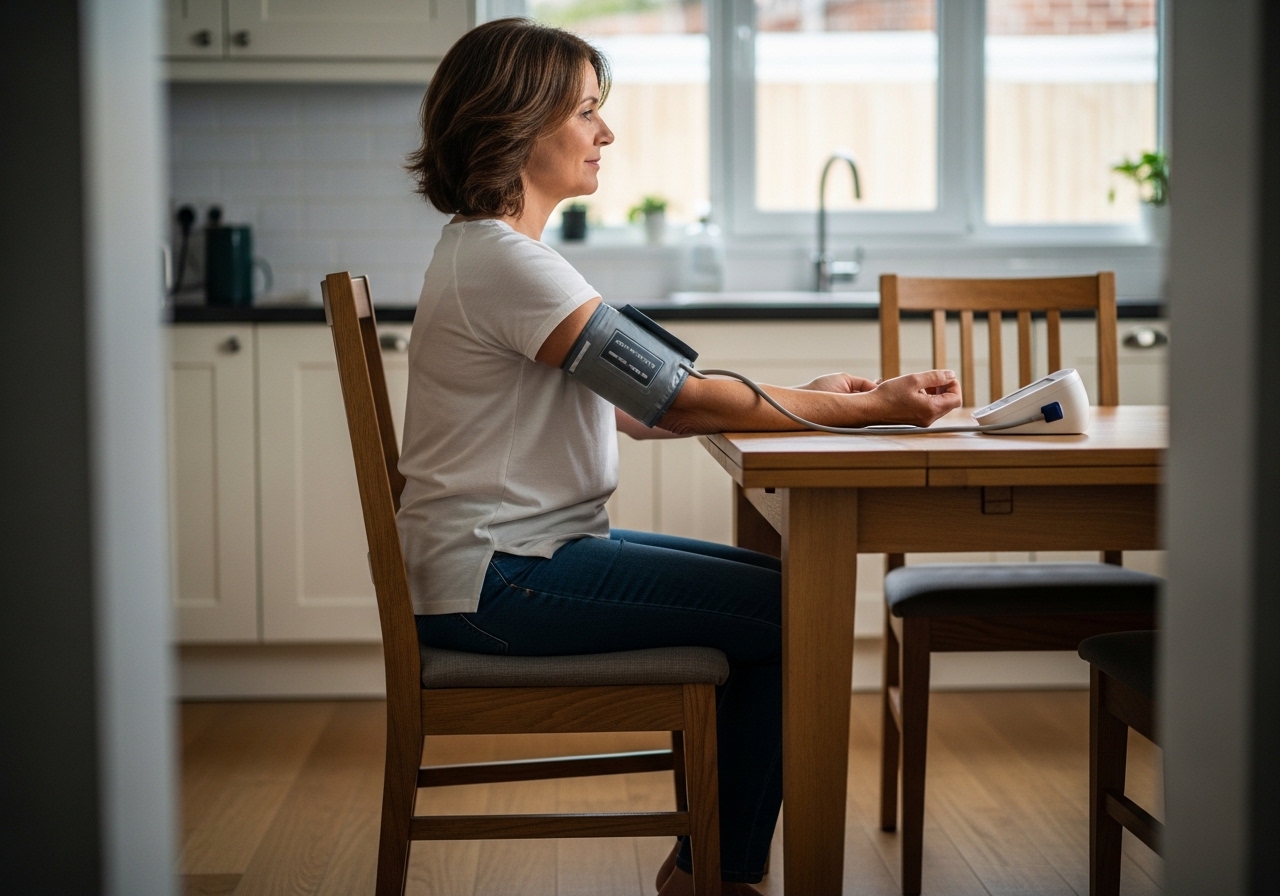 Yan görünümden doğru ölçüm oturuş pozisyonu: sırt destekli sandalye, ayaklar yerde, kol masa üstünde kalp hizasında, manşet çıplak üst kolda