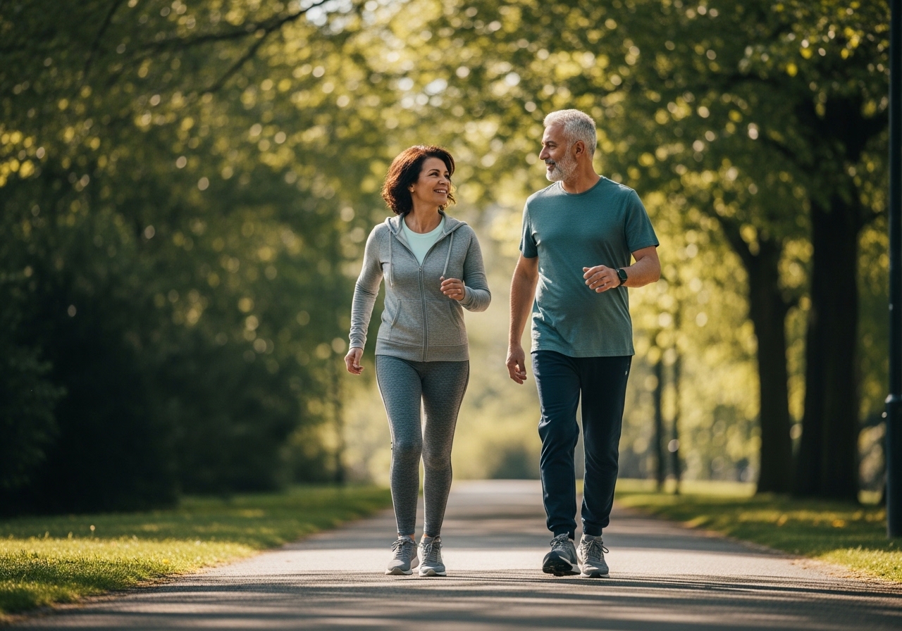 Parkta çift halinde tempolu yürüyüş — günlük 30 dakika hedefinin pratik hali