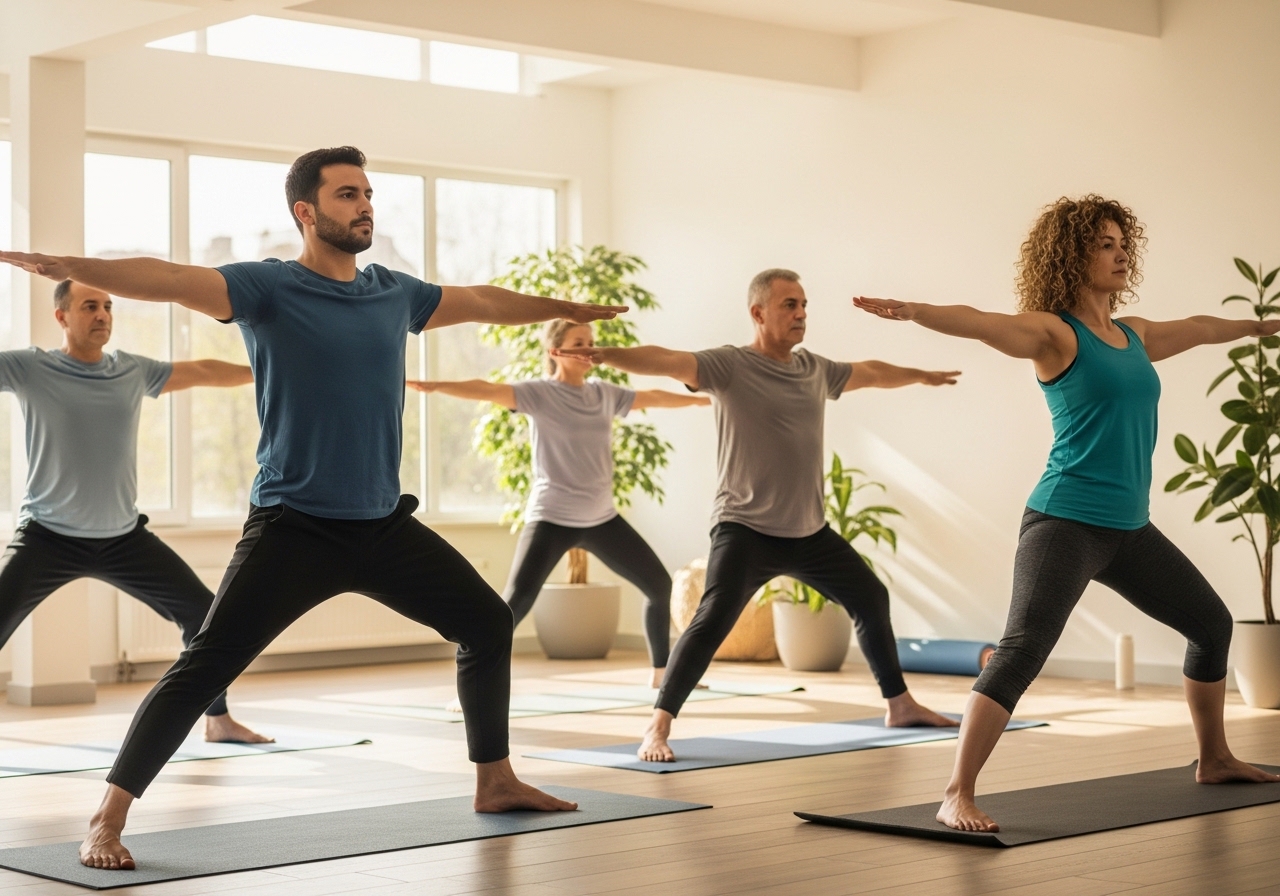 Grup halinde yoga / esneklik seansı — esneklik ve denge antrenmanının sosyal karşılığı