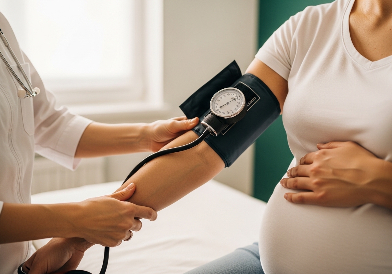 Hamile bir kadının üst kolunda tansiyon cihazı manşeti takılı, beyaz önlüklü bir hemşire veya ebe ölçümü hazırlıyor