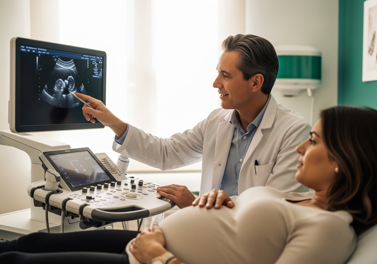 Beyaz önlüklü hekim hamile hastaya ultrason cihazı ekranından bebeği gösteriyor