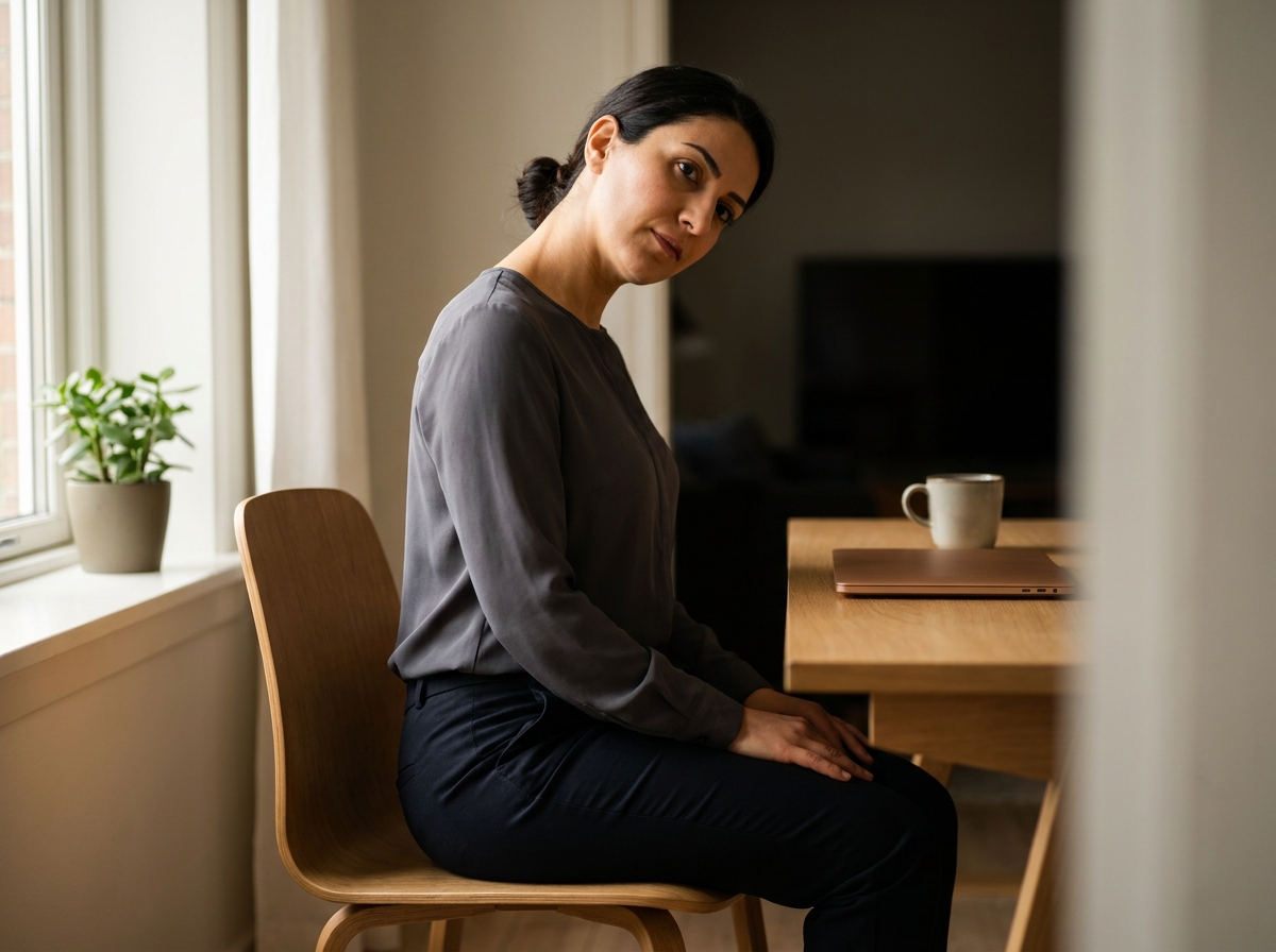 Yetişkin ofis ortamında dik oturuşla kısa bir ekran molası alıyor — gerilim tipi baş ağrısı için iyi postür ve mola düzeni önleyici bir stratejidir