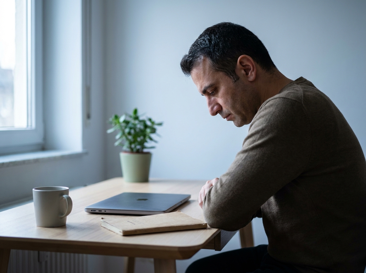 Yetişkin ekran başında öne eğik postürle çalışıyor — gerilim tipi baş ağrısı için tipik bir günlük tetikleyici