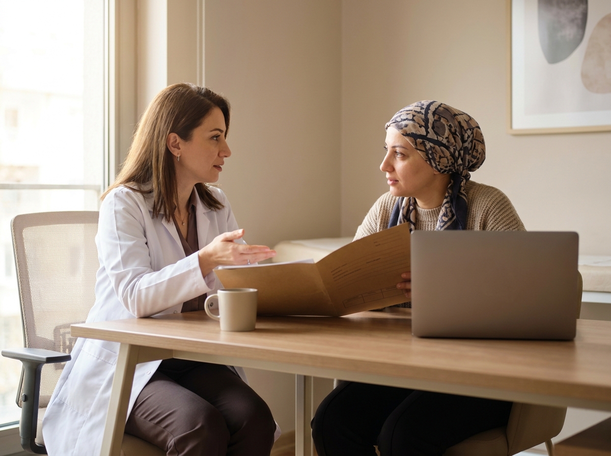Endokrinoloji uzmanı klinik muayenede orta yaşlı hasta ile GLP-1 ilaç planını sakin biçimde konuşuyor, masa üstünde dosya ve laptop