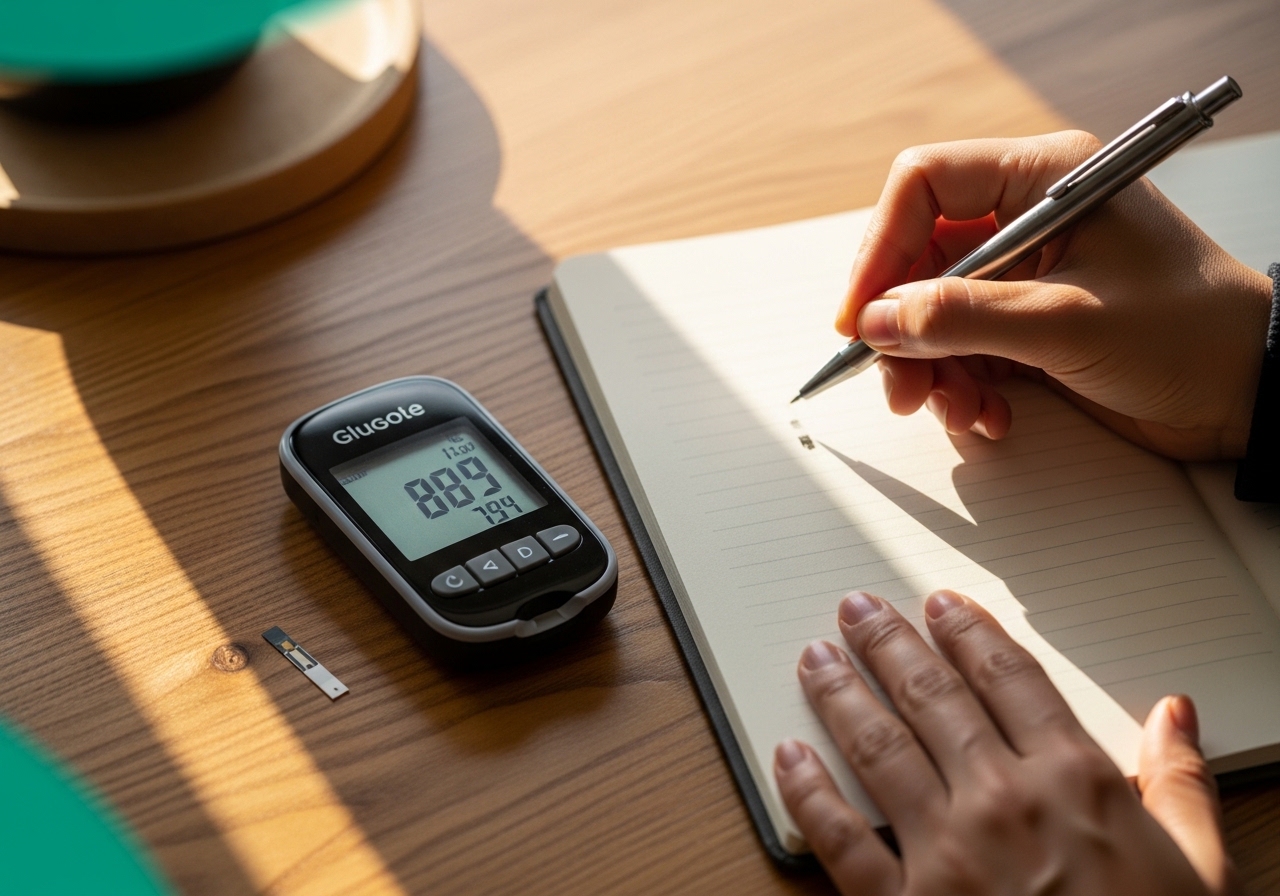 Masa üstünde bir kan şekeri ölçüm cihazı, bir test stribi ve el yazısı not defteri; ölçüm sonucu cihaz ekranında gösteriliyor