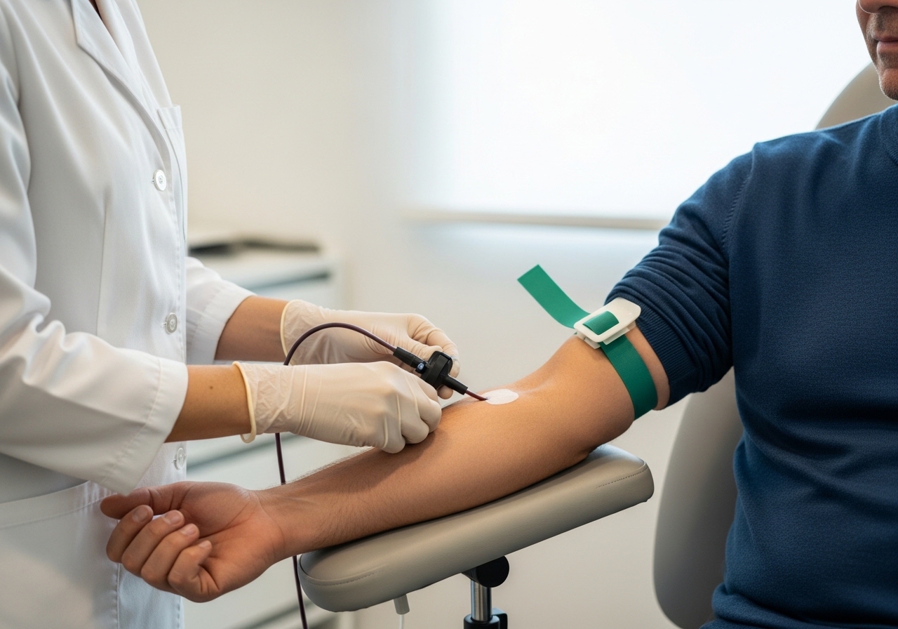 Beyaz önlüklü bir sağlık çalışanı, oturan bir yetişkinin kolundan venöz kan örneği alıyor; steril vakumlu tüp ve turnike görünüyor