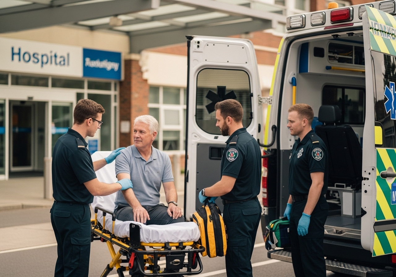 Beyaz önlüklü sağlık personeli, bir ambulansın yanında sedyeli bir hastaya müdahale ediyor; arka planda hastane girişi
