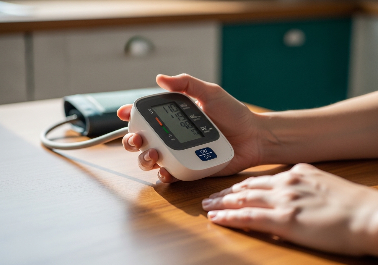 Elinde tansiyon cihazının sonucunu tutan bir el; arkada hafif bulanık sakin oturan bir yetişkin silüeti