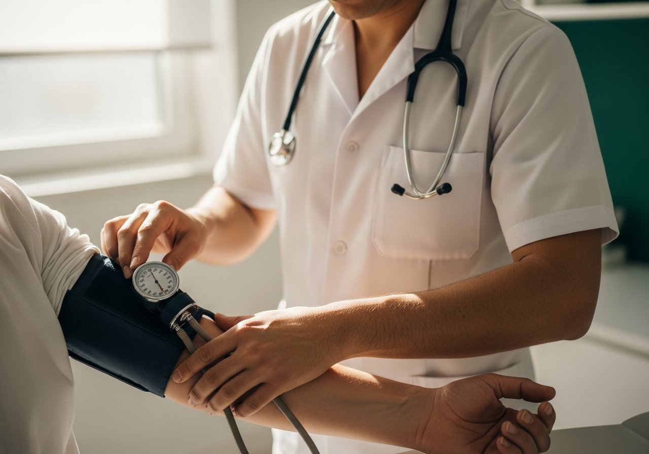 Bir klinikte sağlık çalışanının hastanın koluna manuel kan basıncı manşeti yerleştirmesi