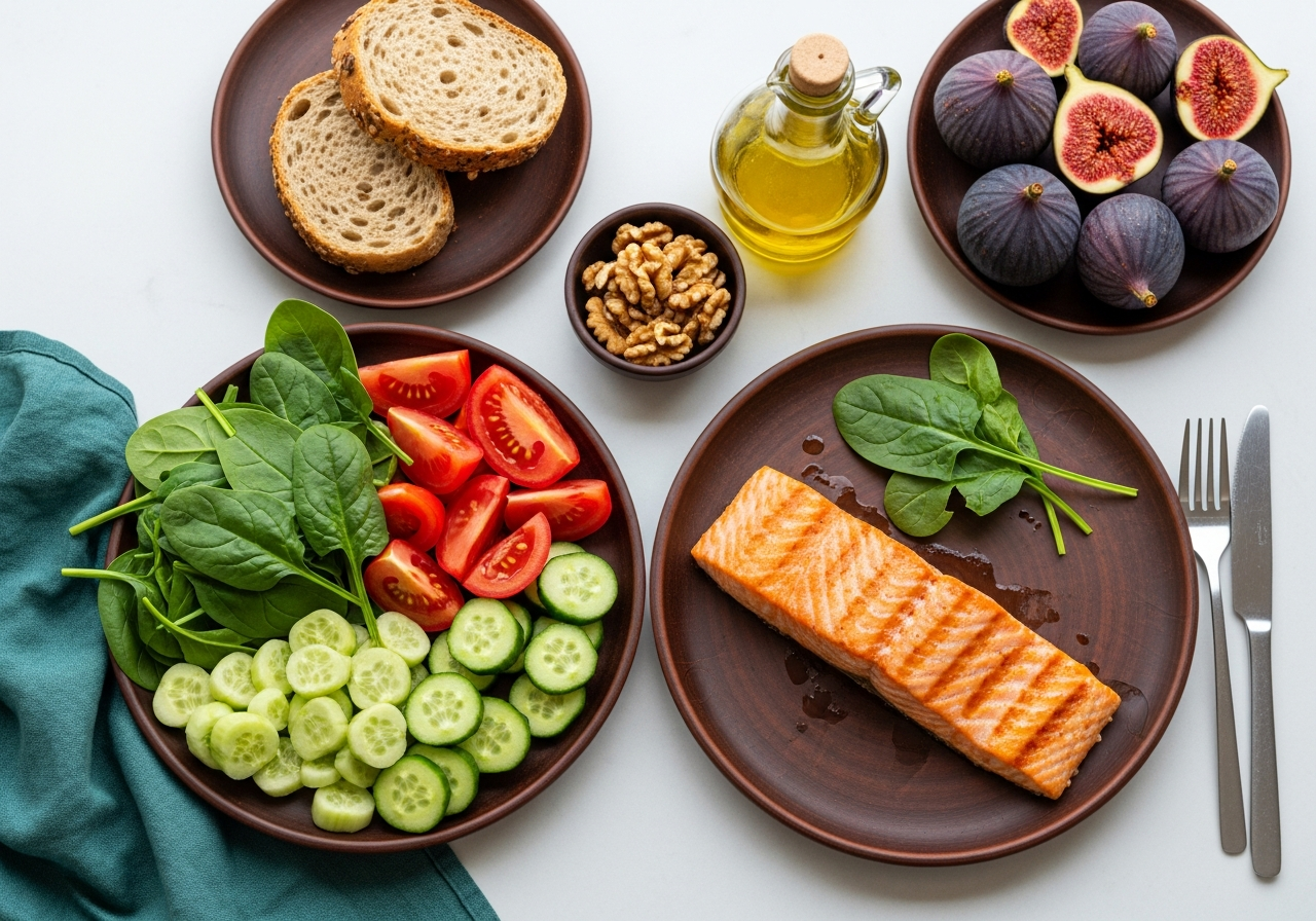 DASH tipi bir öğünü yansıtan Türk mutfağı masası: sebzeler, tam tahıl ekmek, balık, zeytinyağı ve meyve