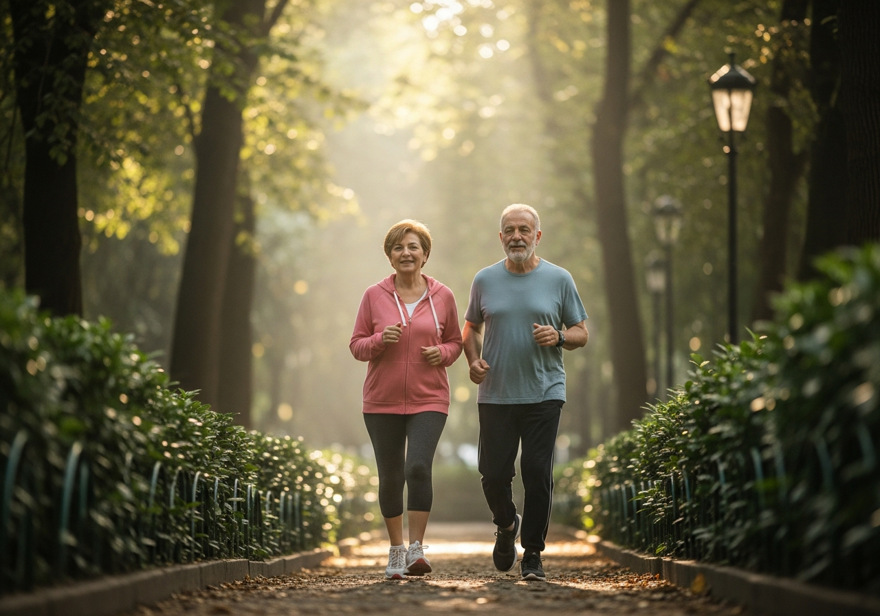 Bir parkta tempolu yürüyen orta yaşlı çift: haftalık 150 dakika egzersiz hedefinin pratik karşılığı