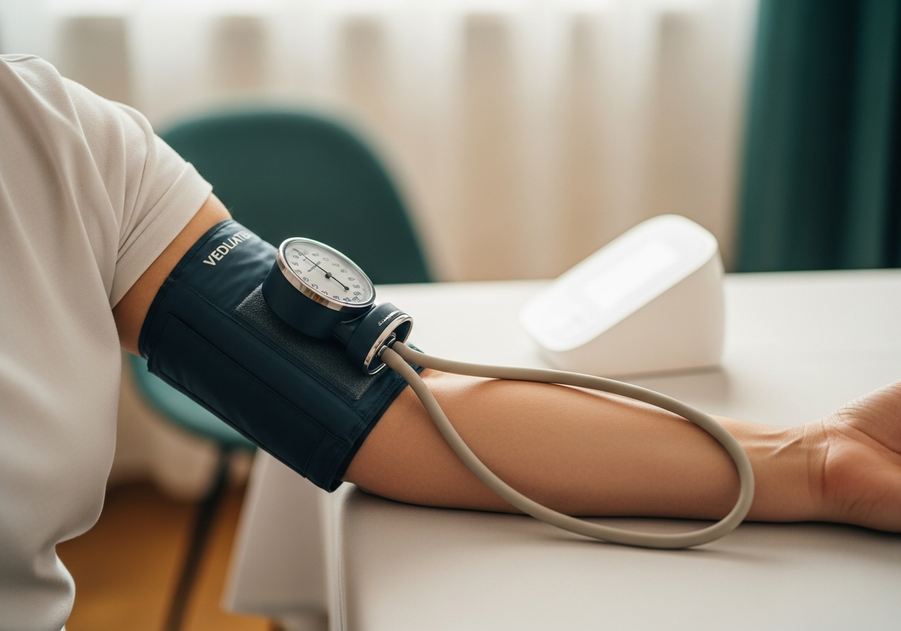 Üst koldan tansiyon ölçümünün doğru pozisyonu: ayaklar yere basar, kol kalp hizasında desteklenir