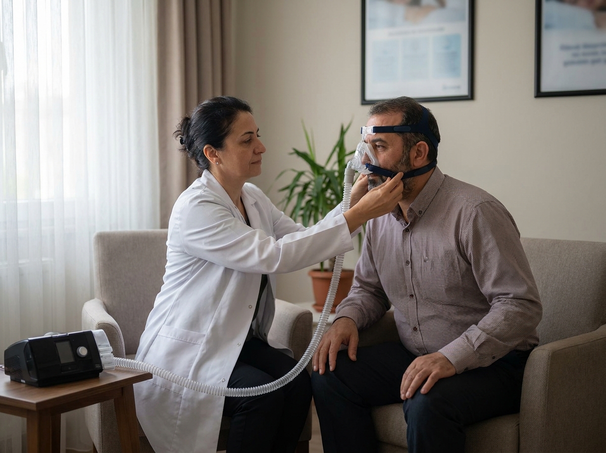 Uyku tıbbı uzmanı ve hasta klinikte CPAP maskesinin uyumunu test ediyor
