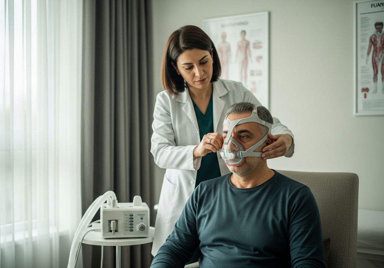 Uyku tıbbı uzmanı ve hasta klinikte CPAP maskesinin uyumunu test ediyor