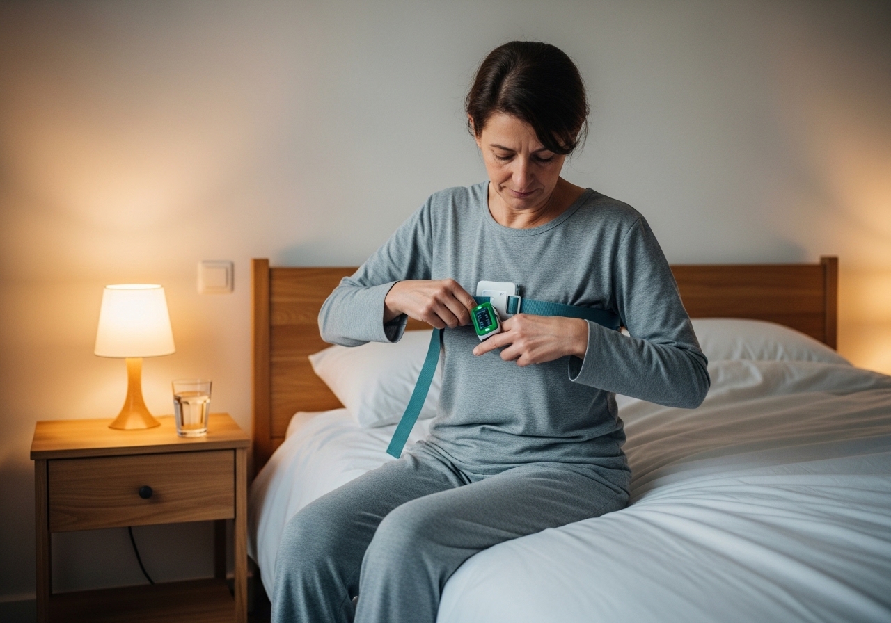 Hasta evde uyku testi cihazını parmağına ve göğsüne bağlamış, yatakta
