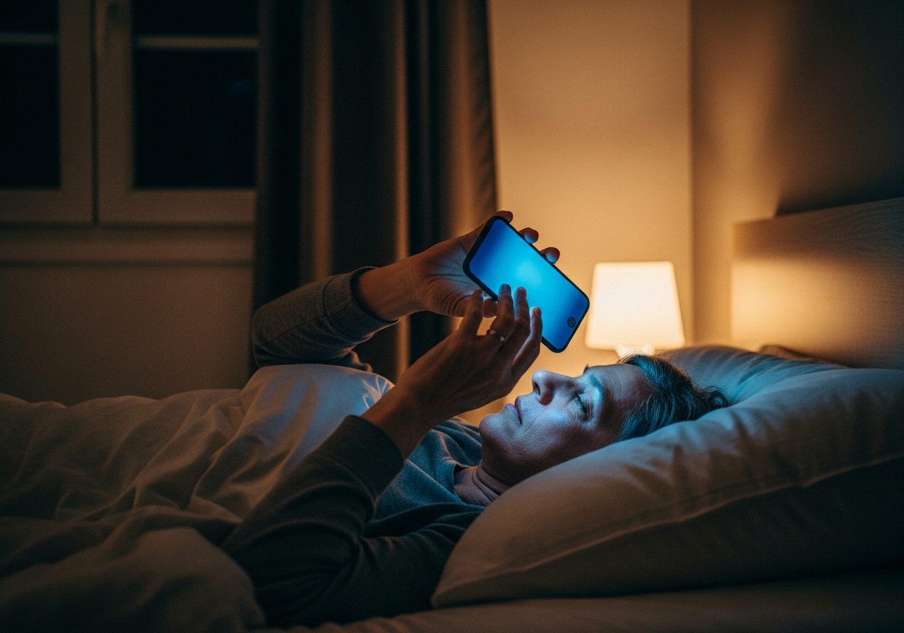 Yatakta yorgun halde uzanmış bir yetişkin, elinde telefon, ekranın mavi ışığı yüzüne vurmuş — geceyarısı saatleri