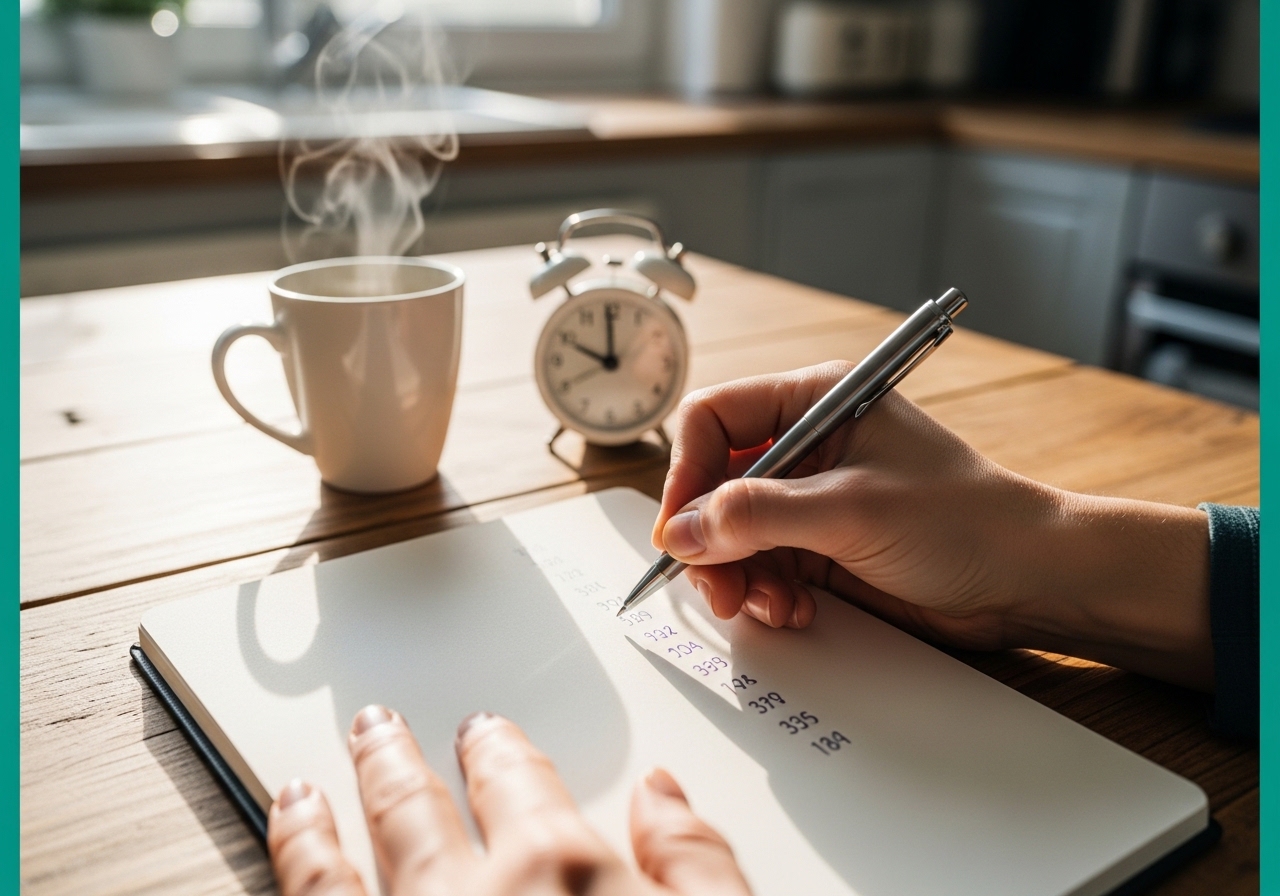Sabah aydınlığında bir yetişkin, kahvaltı masasında uyku günlüğü defterine kalemle not alıyor