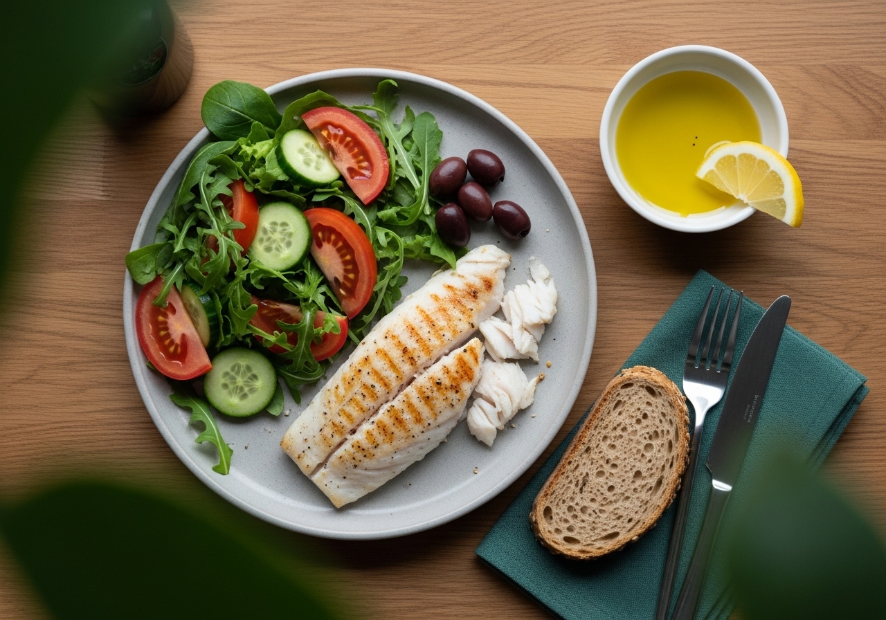 Akdeniz tipi sağlıklı tabak: ızgara balık fileto, taze sebze salatası, zeytinyağı, tam tahıl ekmek, limon, zeytin