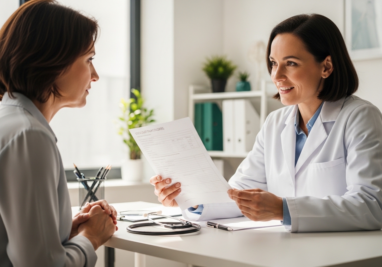Beyaz önlüklü bir hekim elinde lab sonuç kâğıdını tutmuş, hastasına açıklıyor; masada kalem ve stetoskop görünüyor