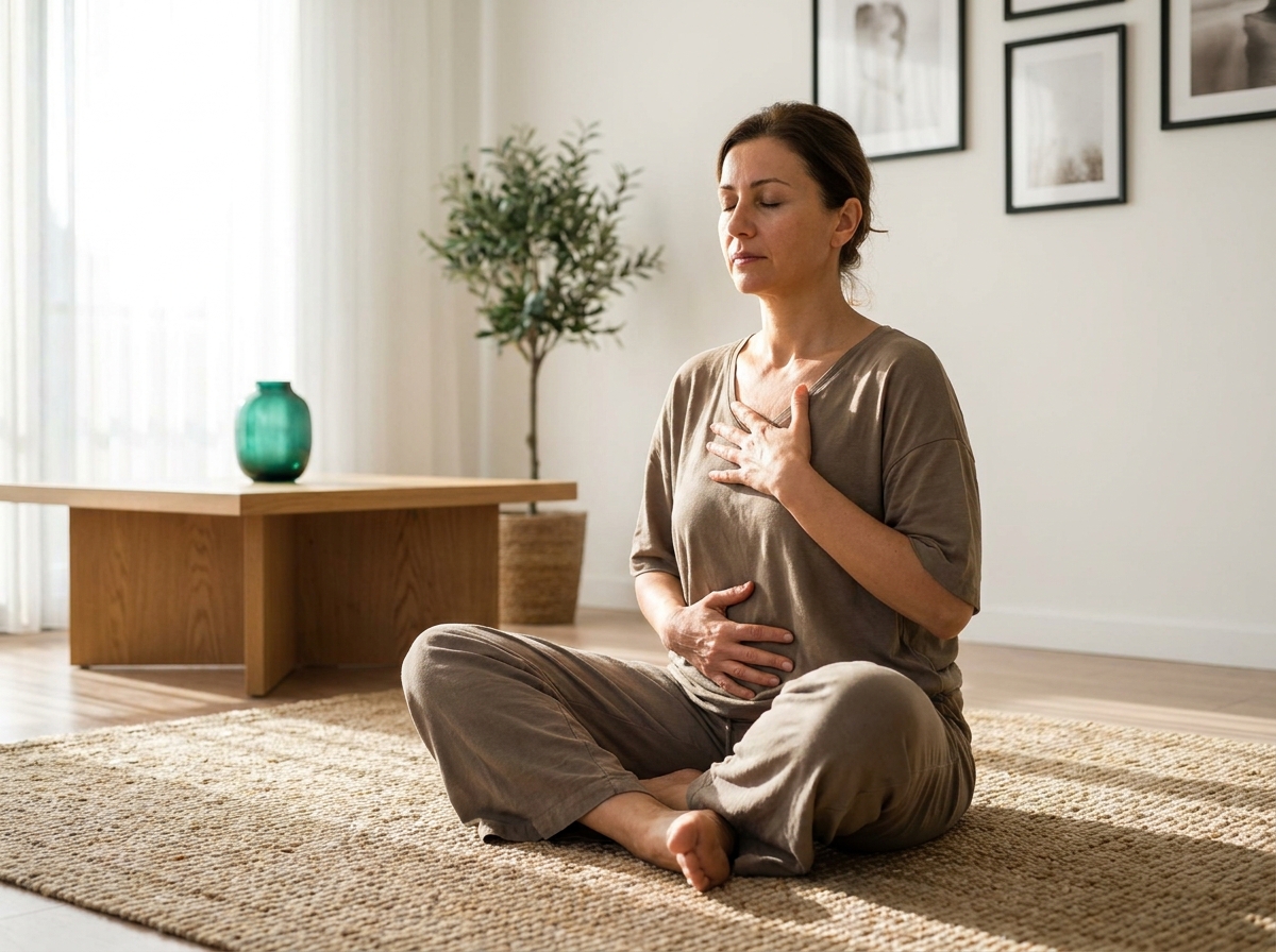 Yetişkin kadın evde sakin bir ortamda diyafram nefesi egzersizi yapıyor