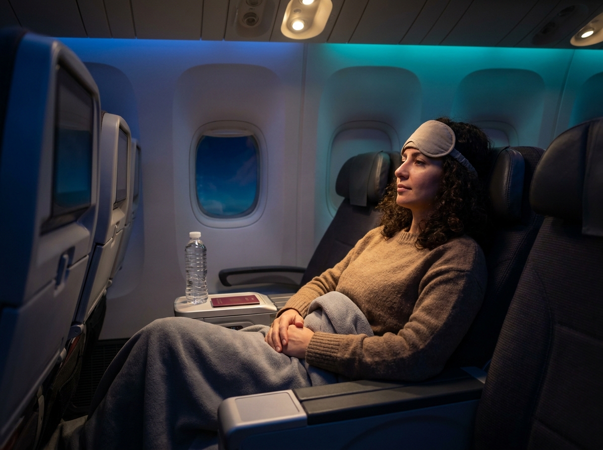 Yetişkin yolcu uzun bir uçakta, koltukta uyumaya çalışıyor, göz maskesi ve battaniyeyle, kabin içi sakin ışıkta