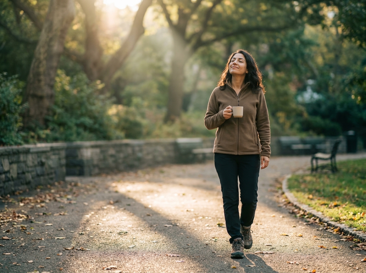 Yetişkin kadın yabancı bir şehir parkında sabah güneşinde sakin biçimde yürüyüş yapıyor, doğuya seyahat sonrası ışık tedavisini gösterir