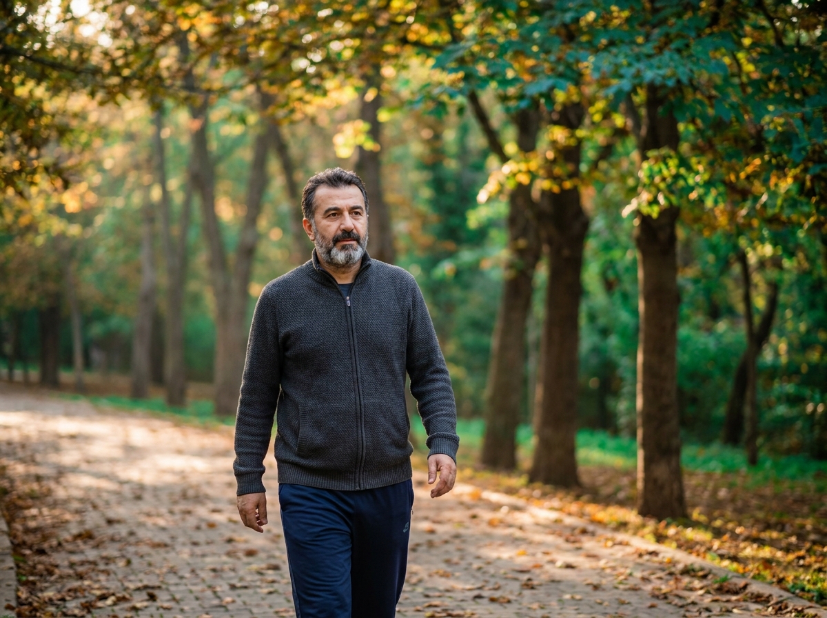 Yetişkin bir erkek sabah saatlerinde parkta yürüyüş yapıyor — günlük NEAT artırma